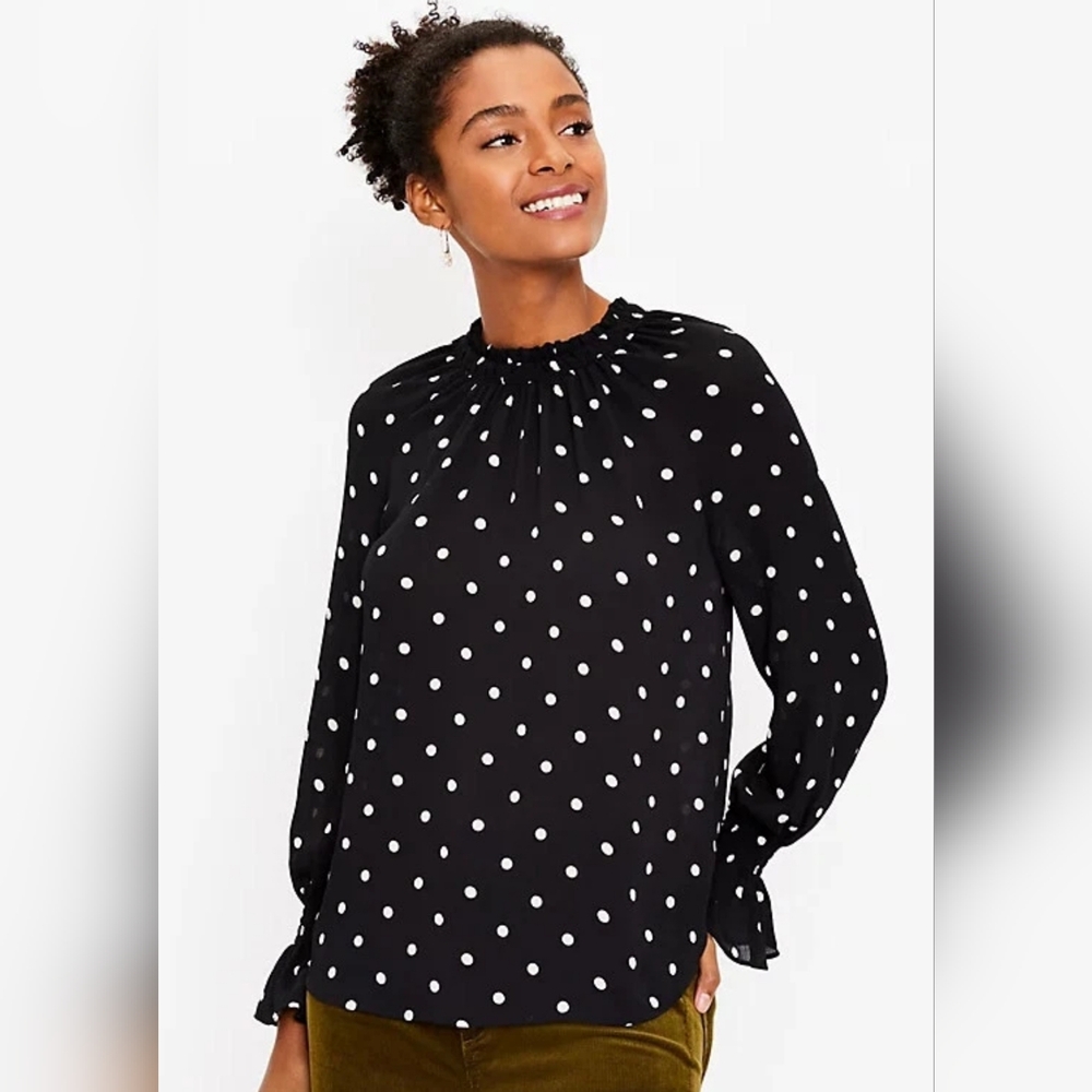 LOFT Petite Black & White Dotted Bell Cuff Blouse, XS NWT